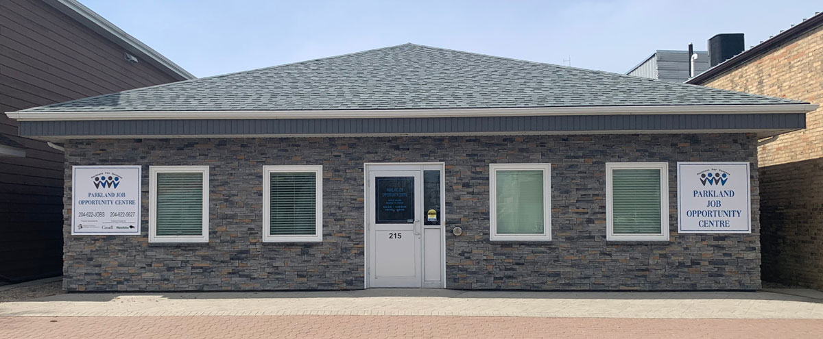 Front entrance of Parkland Job Opportunity Centre building in Dauphin, Manitoba.